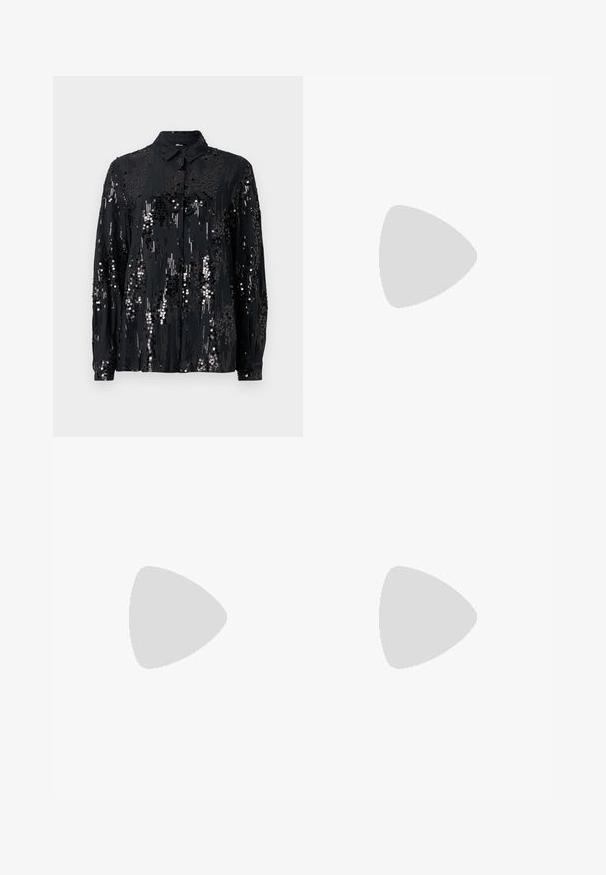 Svart skjorte med knapper laget av stoff dekorert med paljetter, med krage og lange ermer, med et skinnende, teksturert mønster.; En-skulder svart ribbet tanktop med en tettsittende design og myk tekstur. Har en ren, minimal kutt og jevn halslinje.; Svart paljett mini-skjørt med en tettsittende design, høy midje og glansfull tekstur, med reflekterende overflatdetaljer og en slank silhuett.; Svart skinnballettflatt med rund tå, glatt tekstur, minimal sømdetalj, og et fleksibelt såledesign.