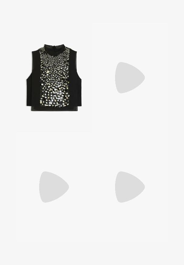 Haut sans manches noir avec un col haut et un devant orné de sequins noirs et argentés, créant un design texturé et réfléchissant.; Jupe midi en cuir marron avec taille haute, poches avant et une texture lisse avec des accents de couture visibles.; Slingback noir à bout pointu avec un petit talon, en cuir lisse et doté d'un design découpé sur le côté pour plus de respirabilité.; Sac à main en cuir noir présentant un design structuré, deux poignées supérieures, un accent de boucle en ton doré et un logo de la marque en relief à l'avant.