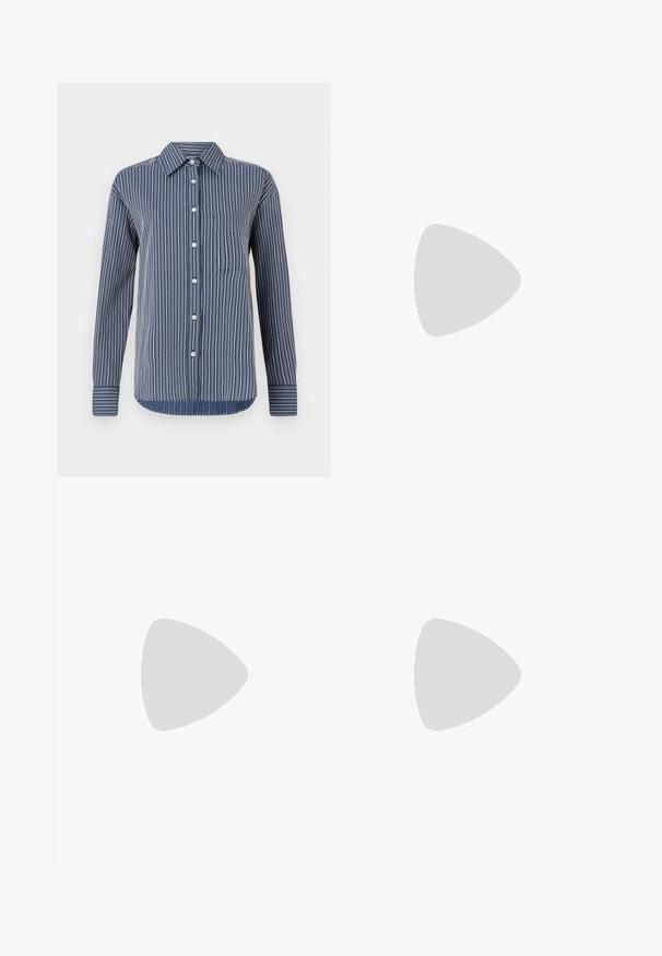 Cămașă cu nasturi în dungi navy și alb, cu mâneci lungi, o singură unghiere pe piept și un guler clasic, realizată dintr-un material ușor.; Top alb fără mâneci, fabricat dintr-un material moale, cu textură ribbed; are bretele subțiri și un decolteu rotund, eticheta spune "FRAME."; CLOSED JINNIE - Pantaloni scurți - white; Pantofii din piele neagră cu curea la spate au vârful ascuțit, prezentând un accent țesut și un design superior pliat. Talpa joasă cu hardware minim.