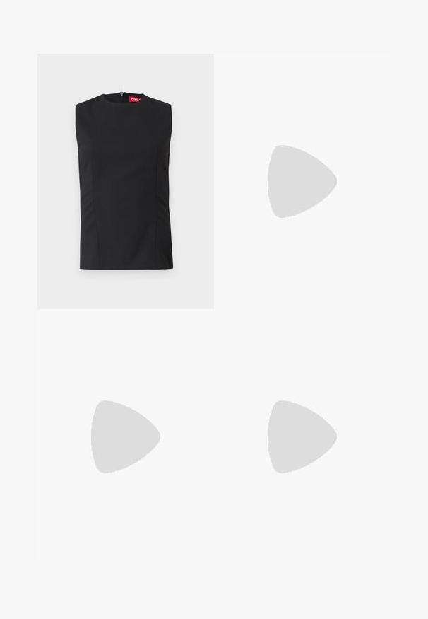 Black sleeveless top with high neckline, front darts, and an invisible back zipper. Made of smooth fabric with a structured fit.; Black satin skirt featuring a scalloped lace hem detail. Smooth texture with a tailored fit and pleats at the front.; Black patent slingback heel with a pointed toe, featuring textured snake print, adjustable strap, and a short, textured block heel.; Black leather crossbody bag with two front pockets, gold buckles, zipper closure, and a slim strap. Textured surface and compact rectangular shape.