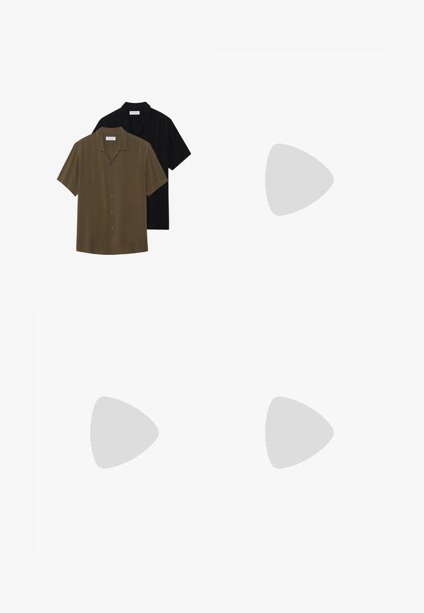 Camisas de manga corta con botones en verde oliva y negro, con una tela suave, dobladillo recto y cuello puntiagudo con un ligero brillo.; Tres camisetas sin mangas en gris, blanco y negro. Material de algodón suave con cuello redondo y corte relajado. Diseño simple, sin patrones.; Pantalones cortos de mezclilla negra con un ajuste relajado, diseño de cinco bolsillos y cierre de botón. La tela tiene una textura suave con un desgastado sutil.; Zapatilla de deporte de corte bajo con parte superior sintética negra, diseño de tres rayas blancas, suela con agarre texturizado y cordones negros.
