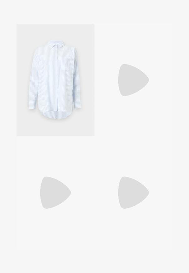 Cămașă cu mânecă lungă, în dungi albastre deschise și albe, cu deschidere cu butoane, având guler și un buzunar pe piept, cu o margine curbată.; Blugi din denim de culoare albastru închis cu un design drept, având cusături portocalii, cinci buzunare și închidere cu nasture la talie.; Loafers negri din piele cu platformă, cu vârf rotund și o curea lată peste vamp. Dispune de un toc gros, pătrat și o textura netedă.; Cercei din argint cu un design torsadat, având un finisaj lucios și închidere cu tijă. Au un diametru de aproximativ 3 cm.
