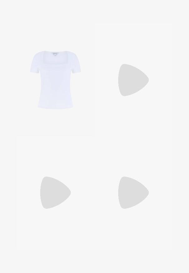 White fitted t-shirt with a square neckline and short sleeves, made from soft cotton blend fabric, featuring a smooth texture.; Cream-colored trousers with black side stripes, featuring a straight cut and pleated front, made from a textured fabric.; Black patent leather slingback heels with a pointed toe, slender stiletto heel, and decorative embellishment on the vamp.; Black sequin mini handbag with a knotted textured strap and silver chain. Rounded shape with gathered top and reflective detailing.