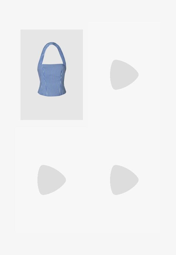Blue and white gingham crop top with a structured bodice, halter neck, and wide straps, featuring a smooth fabric texture and fitted silhouette.; Beige shorts featuring black embroidered designs, showcasing abstract shapes with outlines.  Made from a lightweight fabric, offering a casual style.; Beige ballet flats with a pointed toe, a mesh design overlay, and a side buckle strap. Flat sole with a smooth texture.; Pearl necklace with alternating white oval pearls and small gold beads, featuring a gold clasp for fastening. Smooth texture overall.