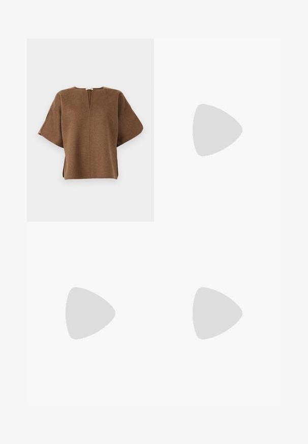 Brown wool-blend top with a relaxed fit, wide sleeves, a V-neckline, and side slits for ease of movement. Soft texture, minimal design.; Beige balloon skirt made of soft fabric. Features a high waist and voluminous design with gathered texture at the hem.; Metallic bronze ankle boot with a pointed toe, textured surface, vertical cutouts, and a block heel with a clear accent.; Brown crocodile-embossed handbag with a top handle and shoulder strap. Features a prominent logo on the front flap. Soft texture.
