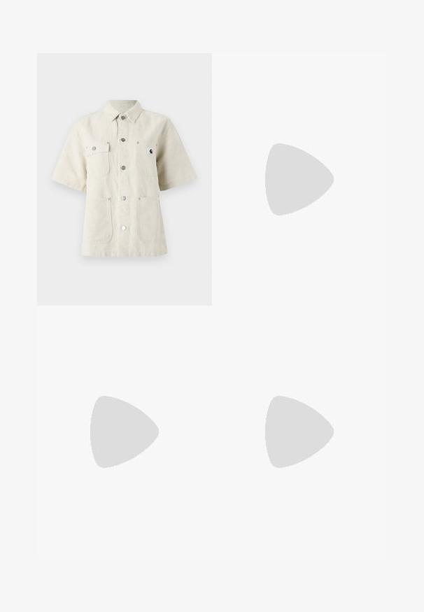 Short-sleeve shirt in light beige fabric, featuring a pointed collar, front buttons, two chest pockets, and a small logo patch on the left.; Cream-colored cotton T-shirt with short sleeves featuring a cursive "Adidas" logo in mauve across the front. Smooth texture, relaxed fit.; Dark blue high-waisted denim pants with wide legs, two side pockets, contrasting orange stitching, and a clean hemline.; Beige sneakers with textured cream panels and brown stripes, paired with blue denim jeans. The jeans have a wide leg and frayed hem.