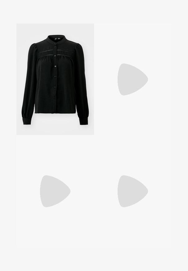 Vero Moda VMEMMA - Skjortebluser - black; Sort lædernederdel med en tætsiddende pasform. Glat tekstur, sømme der fremhæver formen, og en lige kant. Minimalistisk og strømlinet udseende.; Sorte læder kampstøvler med tykke gummisåler, snørebånd foran og metaløjer. Struktureret læder og kontrasterende platformdesign.; Sølv stud øreringe med et glat, buet design. De har en poleret overflade og en stift, der sikrer sikker bæring.