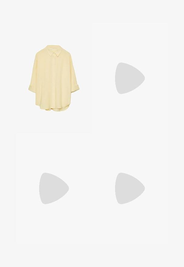 Chemise jaune pâle à manches longues, en tissu doux. Elle présente un col classique, des manches à rouleaux et une coupe décontractée avec un ourlet incurvé.; Jupe longue plissée marron en tissu léger ; dotée d'une taille haute et de poches latérales ; associée à des sandales à talons noires.; Chaussure à talon haut beige avec un bout pointu, tige en cuir synthétique lisse, design découpé et accent nœud au niveau de la cheville.; Sac en cuir synthétique de couleur crème, doux, avec un design froncé, une bandoulière adjustable et une fermeture à cordon subtile. Texture lisse et forme arrondie.