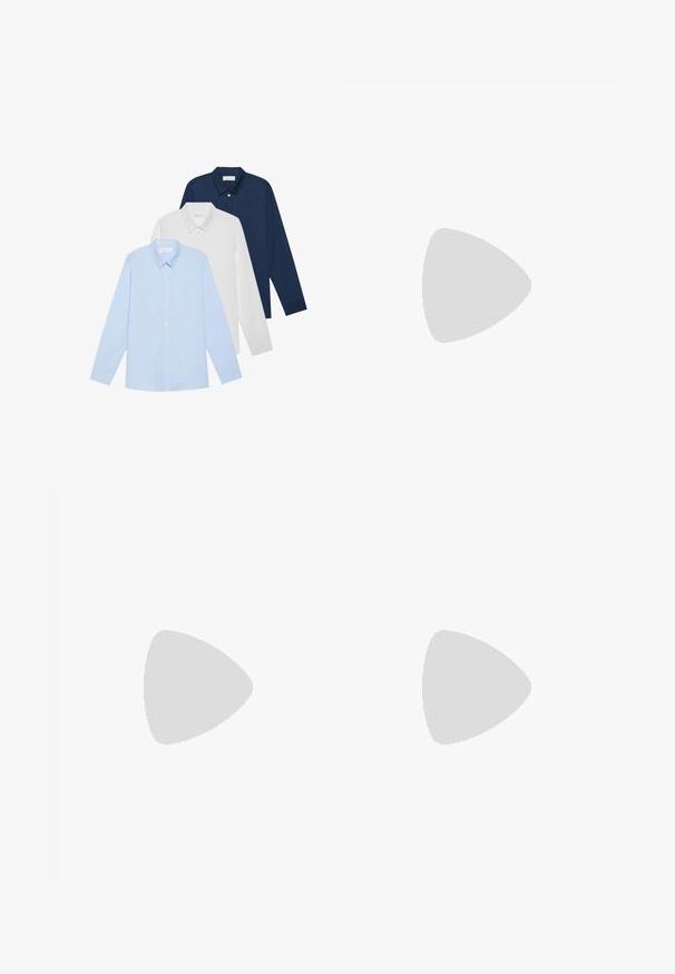 Three long-sleeve shirts: light blue, white, and navy. All have a classic collar and button-down front, made of smooth fabric.; Navy blue trousers made of cotton with a straight cut. Features two side pockets and a button closure. Minimalist design with subtle accents.; Brown leather shoes feature a rounded toe, five eyelet lace-up design, and contrasting dark laces. Pants are plaid, rolled at the cuffs.; Brown leather messenger bag with a flat front flap, two straps, gold hardware accents, and an adjustable shoulder strap.