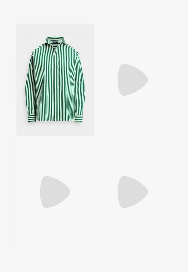 Λευκή και πράσινη ριγέ μπλούζα με μακριά μανίκια και γιακά, με μικρό μπλε λογότυπο στο αριστερό στήθος και κούμπωμα με κουμπιά.; Παντελόνι από δέρμα αγελάδας σε φάρδος, με σχέδιο patchwork σε μαύρο και άσπρο χρώμα, με απαλό υφή και ορατά ραφές.; Μαύρα δερμάτινα παπούτσια με χοντρή, ραβδωτή σόλα, διαθέτοντας κυκλική ασημί μεταλλική λεπτομέρεια και ελάχιστη ραφή.; Λευκή δερμάτινη τσάντα με υφή, διαθέτει χρυσή αλυσίδα και μαύρες λεπτομέρειες. Περιλαμβάνει μπροστινή τσέπη και κλείσιμο με φερμουάρ.