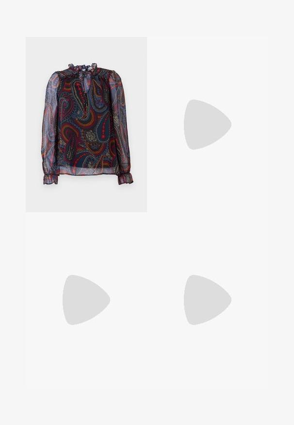 Sheer blouse with a ruffled collar and puffed sleeves. Features a multicolored paisley pattern on a dark background. Elastic cuffs.; Black leather pants with a flared design, featuring front pockets, belt loops, and a button closure. Smooth texture with visible stitching.; Black leather ankle boots with a round toe, lace-up front, and a thick rubber sole featuring a textured tread. Pull tab at the back.; Silver hoop earrings with a minimalist design. Circular shape, smooth texture, and thin profile. Lightweight with a polished finish.