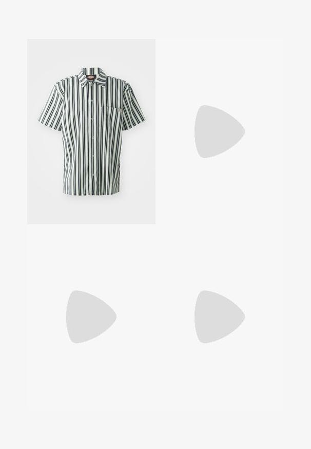 Short-sleeve shirt featuring vertical black and white stripes, button front, and a chest pocket. Made of lightweight fabric with a collared design.; Olive green shorts made from cotton blend fabric. Features pleats and a straight cut, with a small brand label on the side.; Green suede sneaker with white accents, round toe, flat gum sole, lace-up closure, and a tab with logo on the tongue.; Gold metal-frame sunglasses with dark green lenses, aviator style, featuring slim arms and tortoiseshell accents on the tips.