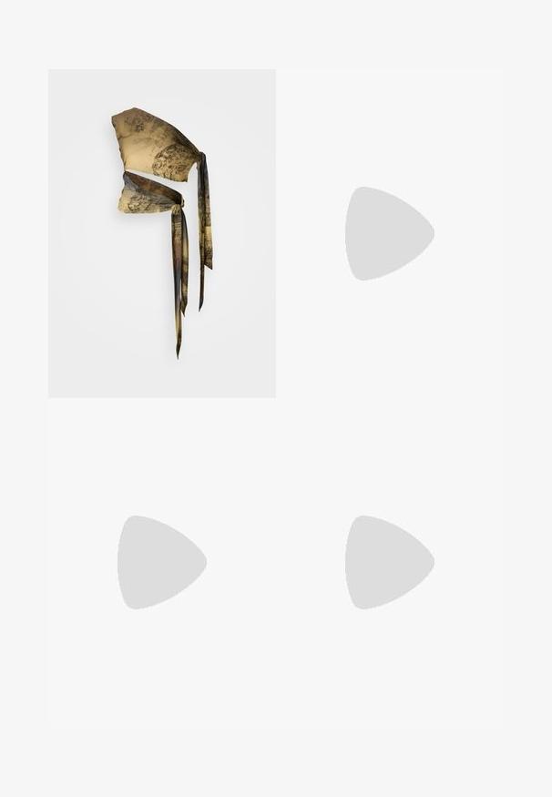 Silk headscarf in beige and brown with vintage patterns. Features long, flowing ties and a textured appearance. Stylish and versatile design.; Black cotton shorts with an elastic waistband, featuring a smooth texture and a simple, streamlined design. Pack includes two pairs.; Black patent heeled sandals with a square toe, ankle straps, and silver buckles. Features a chunky block heel for stability.; Black leather handbag with a curved shape, detachable strap, and gold hardware. The bag features a flap with a buckle detail.