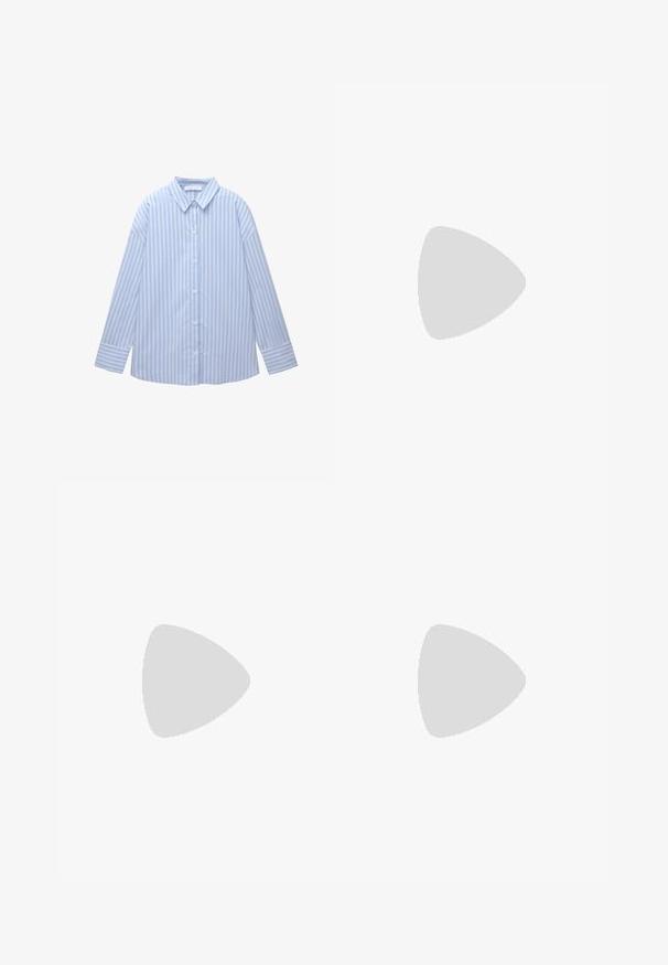 Ljusblå och vit randig långärmad skjorta med krage, med en avslappnad passform och manschetter i ärmsluten.; Svarta denimjeans med rak benvidd, hög midja, fem fickor och metallknappsstängning. Diskreta texturer och sömnadsdetaljer.; Vita och beige träningsskor med perforerat tåparti, svart logotyp och snören. Tillverkade av syntetiska material med en strukturerad sula.; Svarta solglasögon med ovala linser, glansigt plastbåge och smala armar. Har Ray-Ban-logotypen i vitt på sidan.