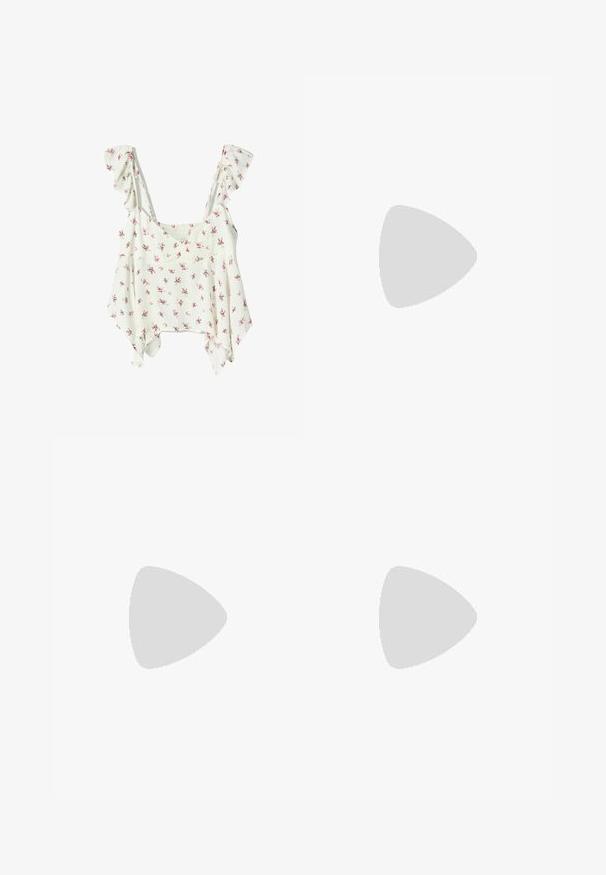 White floral top with ruffled straps, featuring a loose fit and textured fabric with small pink flowers scattered across the surface.; Black leather shorts featuring silver studs along the pockets and hem, with a smooth texture and a tailored fit. Buckled waistband detail.; Black leather loafers with a flat heel, featuring a decorative gold hardware detail on the front and a smooth texture.; Black handbag with structured shape, smooth texture, and a metallic clasp. Paired with wide black pants and open-toe sandals on wooden floor.