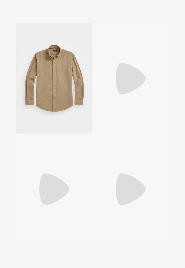 White polo shirt made of cotton. Features a classic collar, three-button placket, short sleeves, and a small navy logo on the chest.; Light brown long-sleeve button-up shirt in cotton with a collar, single chest logo, and button placket; smooth texture and tailored fit.; Navy cotton trousers with a relaxed fit, featuring pleats at the front, two side pockets, and a button closure at the waist.; Brown leather loafers with a textured pattern, white outsole, and minimalistic design. Features a stitched seam along the upper.