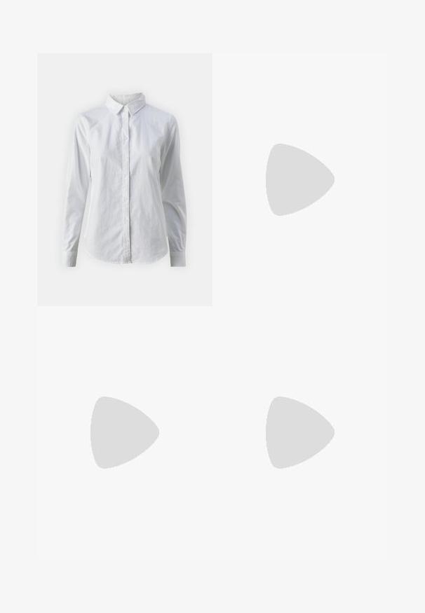White button-up shirt made of smooth cotton, featuring a classic collar, long sleeves, and a curved hem. Buttons are small and white.; Wide-leg denim trousers in dark blue. Features a high waist, five pockets, and contrasting stitching. Smooth texture with a clean hem.; Burgundy patent leather ballet flat with a rounded toe, small bow accent at the front, and a low, black rubber sole. Smooth texture.; White rectangular clutch bag made of glossy material, featuring a silver chain strap. Model poses, showcasing the bag against a plain background.