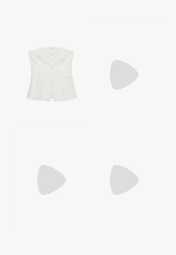 White strapless top with a fitted bodice, featuring a center button placket, two side pockets, and a slightly textured fabric.; Stradivarius FLOWING STRAIGHT-LEG WITH DARTS - Trousers - beige; Stradivarius Classic heels - black; Bershka RETRO - Sunglasses - dark brown