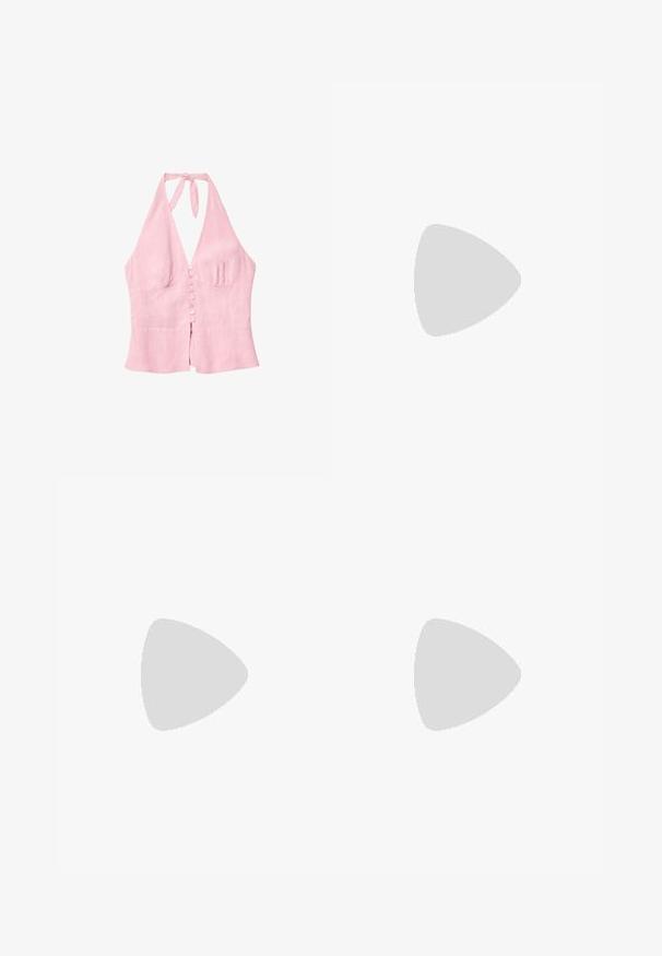 Ružový ľanový halter top s V-výstrihom, s gombíkovým zapínaním vpredu a viazaním na krku. Jednoduchý dizajn a štruktúrovaná tkanina.; Čierno-biele skladané nohavice s širokými nohavicami obsahujúce abstraktný vzor, texturovanú tkaninu a jemne zakrivený lem na spodnej časti.; Červené sieťové baleríny s špicatou špičkou, ktoré majú tenký remienok a detail s prackou. Zvršok má otvorený, včelí plástový vzor.; Okrúhle slnečné okuliare s hnedým nádychom a lesklým burgundským rámom. Úzke ramená s jemným brandovaním. Plochej šošovky dizajn.
