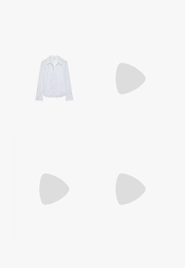 White long-sleeve shirt with a collar, button front, two chest pockets, straight hem, and slightly flared sleeves made from smooth fabric.; Dark blue denim wide-leg jeans with a high waist, five pockets, contrast stitching, and silver metal hardware. Smooth texture and clean finish.; Black suede sneakers with white accents, featuring a gold logo. Worn with light blue denim jeans and set on a textured blue surface.; MIRONS Handbag - brown