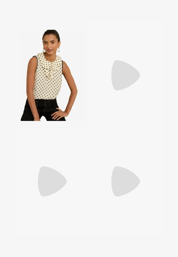 Cotton dress with short, ruffled sleeves, cream base and scattered black polka dots. Gathered waist creates a flared shape.; Love & Roses Blouse - white ecru spot print; Black trousers with a smooth fabric, featuring a high waist, center crease, and tapered legs. No visible pockets or embellishments.; Black slingback shoes with a pointed toe design, featuring a textured surface and a small block heel. The interior has a brown accent.; Massimo Dutti Cross body bag - black