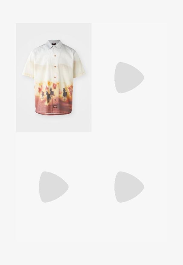 Camisetta a maniche corte in tessuto leggero, caratterizzata da una sfumatura di tonalità chiare a calde e una stampa di cavallo nella parte inferiore. Con bottoni frontali.; Shorts in denim celeste con una finitura sbiadita, caratterizzati da un classico design a cinque tasche, passanti per la cintura e un taglio dritto.; Sandali beige con cinturini regolabili, indossati sopra calze bianche. Le suole sono piatte con un motivo testurizzato. Ambientati su uno sfondo di tappeto blu.; Portafoglio marrone a quadri realizzato in pelle texturizzata con chiusura a zip e un compartimento frontale. Presenta un dettaglio del logo.