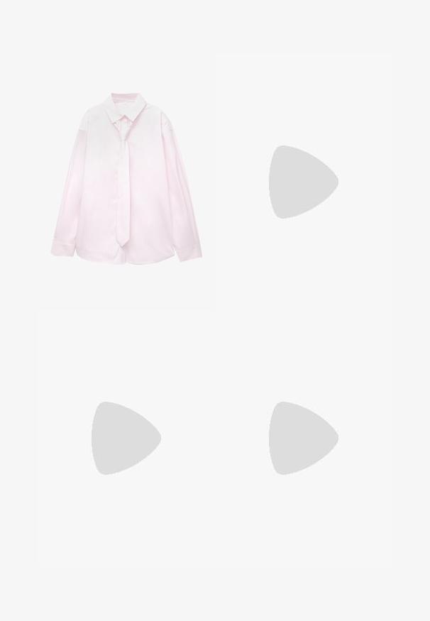 Svetloružová košeľa s dlhým rukávom a bielymi vertikálnymi pruhmi, spolu s ladiacou kravatu. Hladká textura, golier s gombíkmi a manžety s gombíkmi.; Svetloružové nohavice s vertikálnymi modrými pruhmi, vyrobené z hladkej tkaniny, s elastickým pásom a širokým strihom.; Biele žabky s textúrovanou podrážkou, tenkými popruhmi a plochým dizajnom. Vyrobené z gumy s jemným logom na podošve.; Okrúhle slnečné okuliare s hnedým nádychom a lesklým burgundským rámom. Úzke ramená s jemným brandovaním. Plochej šošovky dizajn.; Mango Veľká kabelka - dark brown