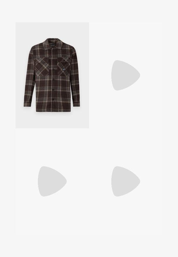Veste chemise à carreaux bruns avec deux poches poitrine à boutons à l'avant et un petit patch logo sur la poche droite.; Jupe midi à rayures en coton doux avec une base jaune clair et des rayures horizontales bleues. Elle dispose d'une taille élastique côtelée.; Basket jaune avec des accents noirs, texture en cuir lisse, design arrondi, bout rond, semelle plate blanche et marquage bien visible sur le côté.; Lunettes de soleil noires rectangulaires avec des verres foncés, finition brillante, larges branches et un design de monture épaisse. Nom de marque gravé sur une branche.