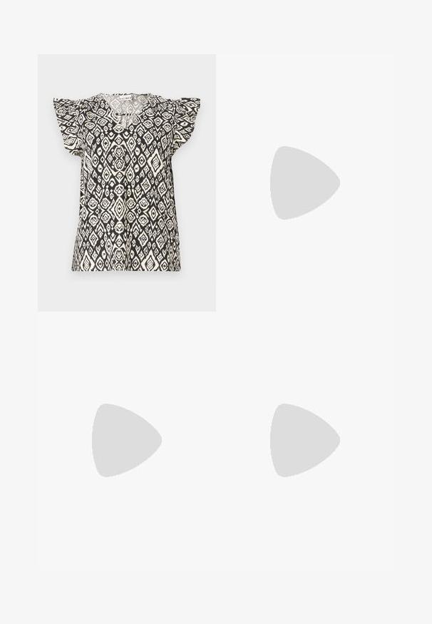 Black and cream patterned top featuring a v-neck, short ruffled sleeves, and a loose fit, showcasing a geometric diamond design.; Patterned shorts featuring a navy and white geometric design, elastic waistband, classic fit, with a soft, lightweight fabric texture.; Black patent leather slingback heels with a pointed toe, a rounded cutout design, and a block heel. Features a gold-tone buckle accent.; Large straw tote bag with a textured, beige exterior and two wide handles. Features a leather accent strap for closure.