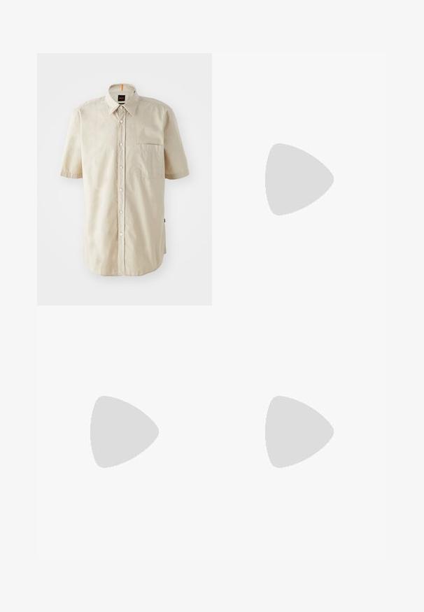Beige short-sleeve shirt made of cotton, featuring a button-down collar, front pocket, and white buttons, with an orange label on the collar.; White trousers made of smooth fabric, featuring a straight leg design, front pockets, and a single button closure at the waistband.; White sneaker with suede accents, a green heel, and a textured sole. Features flat laces and a side logo in silver. Classic athletic design.; Tommy Hilfiger UNISEX - Sunglasses - crystal