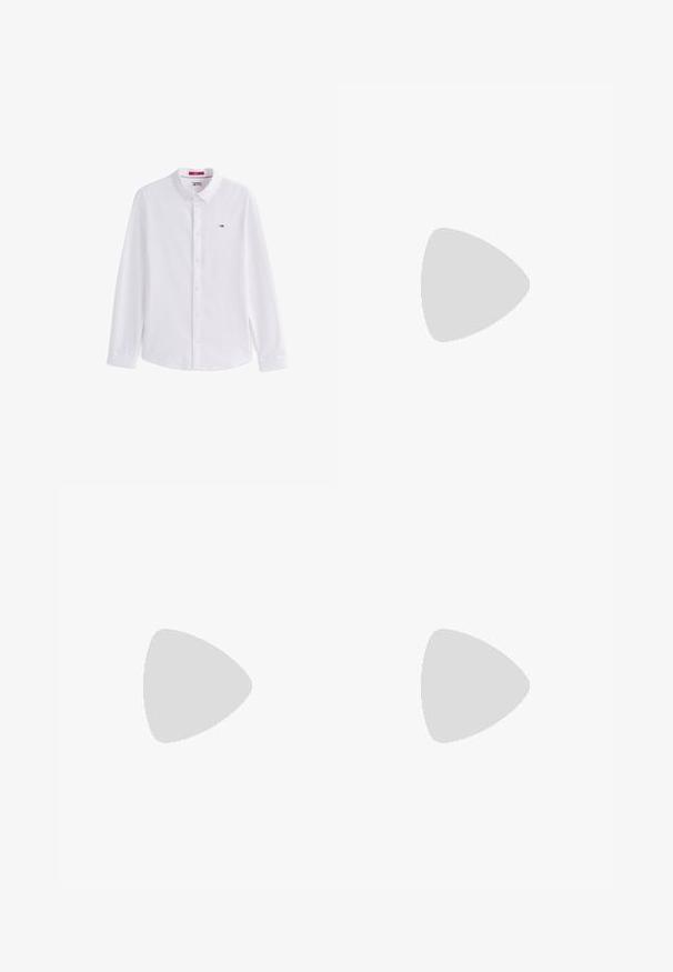 Weißes Langarmhemd mit Button-Down-Kragen, das ein kleines, gesticktes Logo auf der linken Brust und eine glatte Textur aufweist.; Schwarze Hose aus glattem Stoff, mit geradem Bein Design, zwei vorderen Falten und einem Standardbund mit Gürtelschlaufen.; Leopardprint-Pantoletten mit einer eleganten Form, aus strukturiertem Material gefertigt, mit niedrigem Absatz und kontrastierenden schwarzen Akzenten.; Schwarze rechteckige Sonnenbrillen mit dunklen Gläsern. Solides Gestell mit zwei kleinen Punkten auf der Vorderseite und eleganten, geraden Bügeln.; Schwarze Leder-Crossbody-Tasche mit Klappe, zwei silbernen Schnallen, gelben Nähten und einem verstellbaren Tragegurt. Hat eine glatte Textur und ein kompaktes Design.