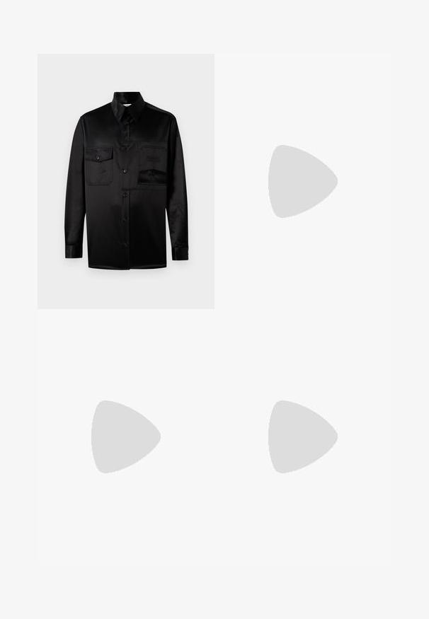 Black long-sleeve shirt made of smooth fabric. Features a pointed collar, front button closure, and two chest pockets with flap.; Black tie-dye t-shirt featuring swirling patterns in purple, green, and white. "The Kooples" logo printed in white at the center front.; Black shorts featuring an elastic waistband, embellished with textured circular patterns and embroidery, creating a three-dimensional effect.; Black sandals with a glossy finish, featuring two adjustable buckle straps and a textured pattern on the upper. Flat rubber sole.