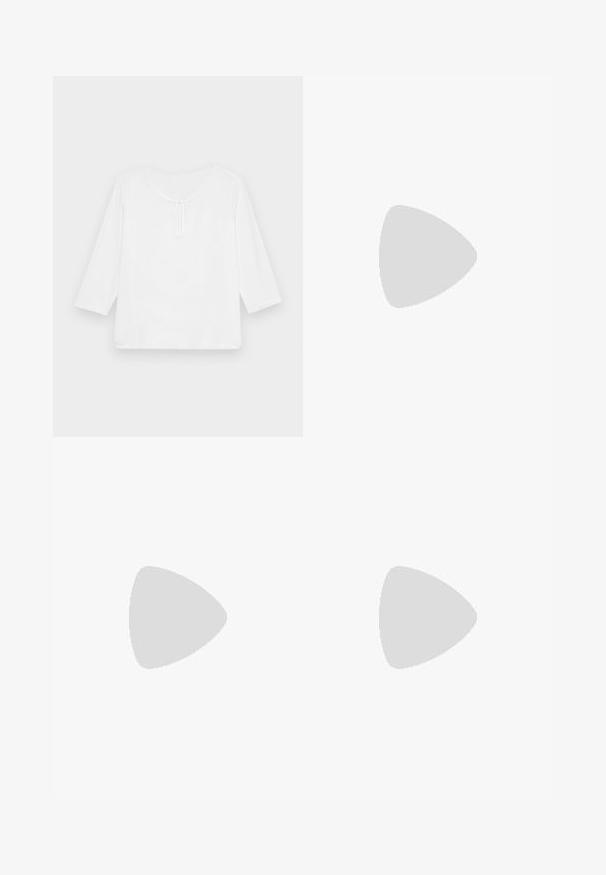 White, three-quarter sleeve, loose-fitting top with a rounded neckline and a small keyhole opening at the front. Smooth texture, no patterns.; Black tailored trousers with a smooth texture, mid-rise waist, and cropped length. Features a front button closure and clean lines.; Beige flat sandal with multiple slender straps and an adjustable buckle. The sole is flat with a slight dark contrast at the edge.; Silver drop earrings with a square stud, featuring a smooth, polished finish and a teardrop shape, reflecting light with a glossy surface.