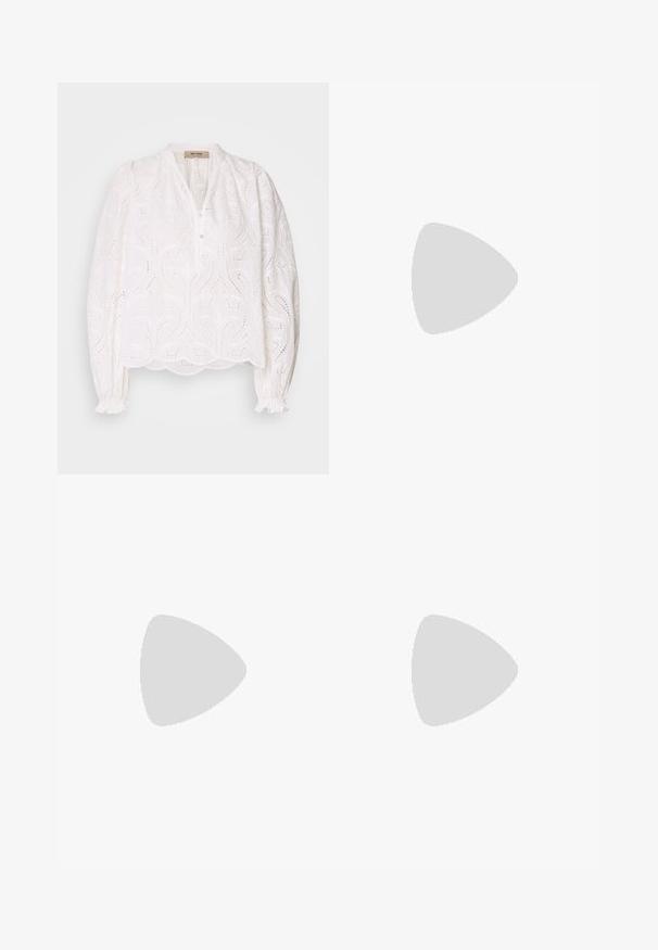 Hvit bluse med intrikate utskårne mønstre, knappet front, rund halslinje og elastiske mansjetter. Mykt stoff, løs passform, bølget kant.; Rette brune bukser med beltehemper og en enkelt frontknapp, vist på en hvit bakgrunn.; Brune lær cowboy støvel med spiss tå, broderte svirvlende mønstre på skaftet og en stablet blokk hæl. Har en trekksløyfe for enkel påkledning.; Gullige hoop øreringer med en teksturert, uregelmessig form. Har en sømløs lukking og en polert overflatefinish som fremhever et moderne design.