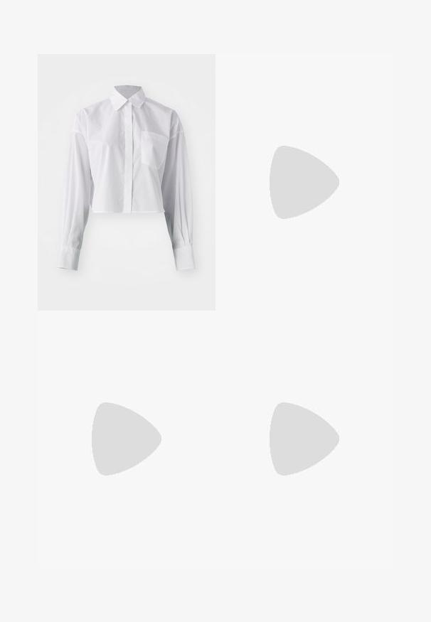 White cropped button-up shirt with long sleeves, a front pocket on the left side, and a classic pointed collar, displayed on a white background.; Brown pinstriped trousers with a fitted design, featuring a front button closure and straight leg cut. Smooth fabric texture.; Black leather ankle boot with chunky sole, featuring multiple straps and gold hardware accents. Smooth texture, rugged design.; Black leather handbag with a textured surface, silver hardware, clasp closure, and a short handle for carrying. Compact and structured design.