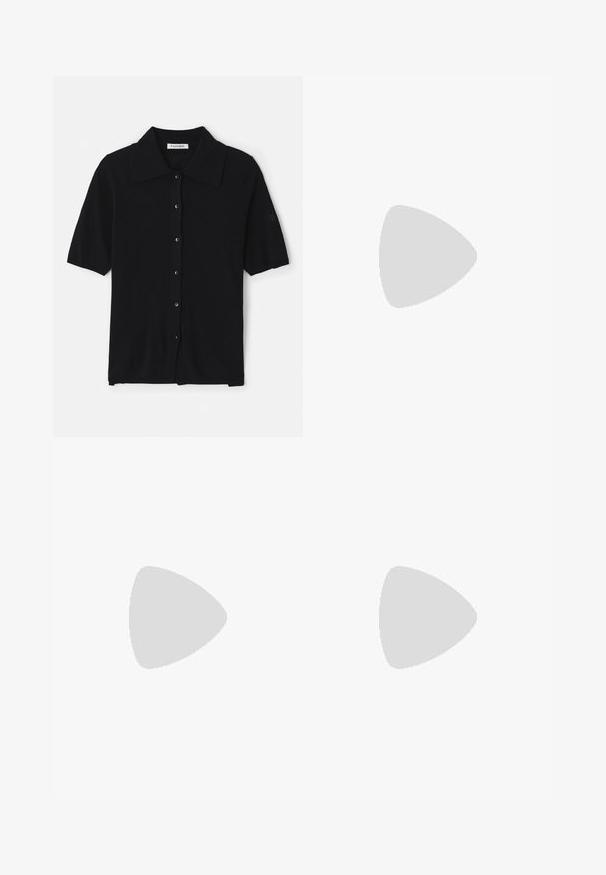 Black short-sleeve cardigan made of soft fabric, featuring a pointed collar, button closure, and subtle branding on the sleeve.; Black cargo pants made of cotton, featuring wide legs, multiple pockets, a waistband with a belt, and subtle stitching details.; Black leather sandal with thin straps, low block heel, and square toe. Features a buckle closure and smooth texture.; Tory Burch KIRA DIAMOND QUILT POWDER  - Cross body bag - black