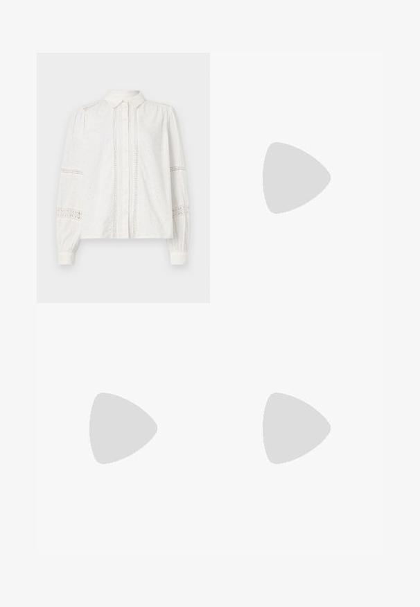 Balta pogca krekla ar garām piedurknēm, sarežģītu acs izšuvumu un mežģīņu akcentiem gar piedurknēm un priekšpusi. Gluda auduma tekstūra.; Gaišzila džinsia mini svārki ar slīpām šuvēm, divām priekšējām kabatām un diviem metāliskiem pogām jostā. Valkāta, teksturēta apdare.; Spīdīgas bordo potīšu botītes ar masīlu melnu papēdi, kurām ir gluda tekstūra un vienkāršs dizains. Nav redzamu aizdari vai rakstu.; Brūna ādas iepirkumu soma ar gludu tekstūru, atvērta augšdaļa un divas plecu siksnas. Izceļas ar minimālām šuvēm un redzamu aparatūru nav.