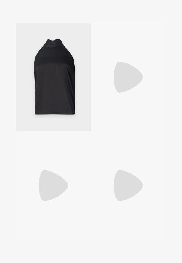 Haut noir à col halter fait d'un tissu lisse, avec un col haut et une coupe ample sans fermetures ni embellissements visibles.; Jupe blanche longue jusqu'à la cheville en dentelle florale complexe avec un ourlet festonné. Taille élastique pour un ajustement décontracté. Motif texturé et délicat.; Chaussure slingback en cuir noir avec un bout pointu, des sangles décoratives avec œillets en métal et un petit talon carré. Surface texturée.; Sac à main en simili cuir noir avec une finition texturée, doté d'un accent en perles argentées le long de la anse supérieure et d'une bandoulière en chaîne.