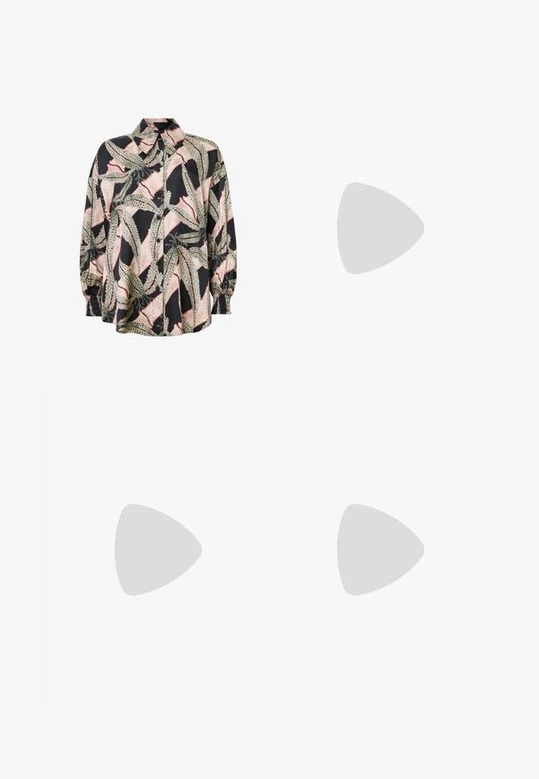 Două topuri fără mâneci, unul alb și unul negru. Ambele au o textură cu canal, un design tip racerback și sunt fabricate dintr-un amestec moale de bumbac.; Cămașă cu buton în amestec de mătase, având un fundal negru cu un model abstract de frunze în verde și roz. Mâneci evazate cu manșete elastice.; Fustă cu imprimeu floral pe fundal negru, talie elastică, detaliu cu șiret și o textură ușoară, netedă.; Sandal cu toc înalt din piele neagră, cu vârf pătrat, curea pentru glezna cu cataramă aurie și toc metalic subțire. Textură netedă, design minimalist.