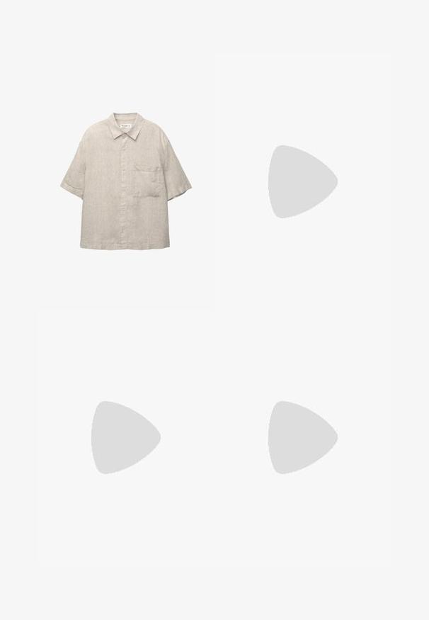 Krátký rukáv, světle šedá košile na knoflíky vyrobená z texturované tkaniny, s náprsní kapsou a neformálním designem límce.; PULL&BEAR MEGA BAGGY - Džíny Relaxed Fit - stone blue denim; Hnědé kožené mokasíny se hladkým povrchem, zaoblenou špičkou a detailem šití. Mají nízký vrstvený podpatek a design na obutí.; Oválné sluneční brýle se světle modrými gradientovými skly, zlatým kovovým rámem a hnědými acetátovými spánky. Rám má na bocích jemné detaily.