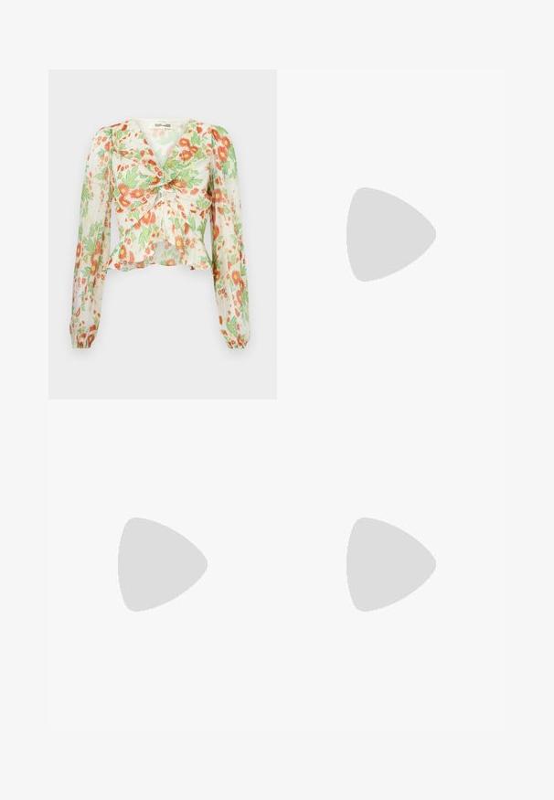 Diane von Furstenberg MARY - Nööpidega pluus - marlene batik ivory; Roheline mustriga maxi-seelik smock-elastse vöökohtaga. Omab kihilist disaini koos lillemustriga ja erinevate roheliste varjunditega.; Musthave mustika tantsutossud mustast nahast, ümmarguse varbaga, siledast tekstuurist, minimaalse õmblusdetailiga ja paindliku tallakujundusega.; Kuldse värvusega rõngaskõrvarõngad, millel on kõver, ebaregulaarne kuju ja sile, poleeritud pind. Ei ole nähtavat riistvara ega aktsente.