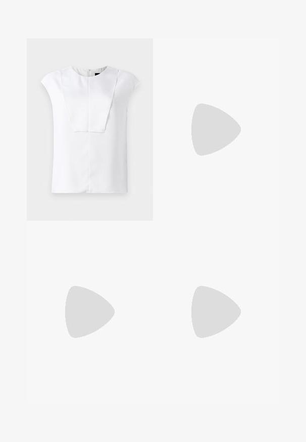 Blusa bianca a maniche corte con scollatura rotonda e un dettaglio anteriore rettangolare, esposta su uno sfondo semplice.; Pantaloni a gamba larga in tessuto grigio scuro, con pieghe frontali, una texture liscia, vita media e passanti per cintura.; Paul Smith TOPANGA - Ballerine - black; Borsa a pochette in pelle verniciata rossa con design curvo, pattina pieghevole e un accento del logo metallico su una placca argentata. Tessuto liscio e lucido.