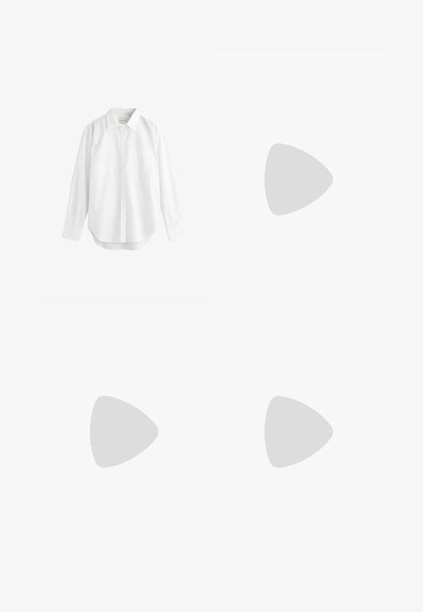 GANT CLASSIC SHIRT - Button-down blouse - white; Black denim jeans with a high waist, straight leg design, reinforced stitching, front and back pockets, and metal button closure.; Black leather loafers with a smooth finish, featuring a stitched detail and a raised strip across the front, resting on a metallic surface.; Brown suede handbag with a structured design, double handles, and a detachable leather shoulder strap. Silver-tone hardware accent.