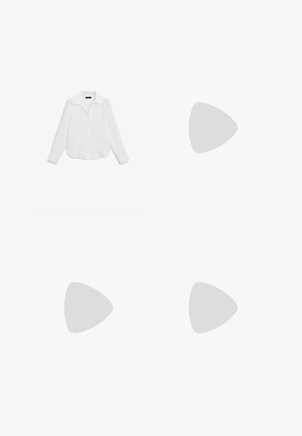 Massimo Dutti OPEN COLLAR LONG SLEEVE - Camicia - white; Gonna in lino beige chiaro con silhouette dritta, spacco laterale e una finitura leggermente strutturata. Nessun hardware o decorazione visibile.; Mocassini in pelle nera con una finitura liscia, caratterizzati da un dettaglio cucito e una striscia rialzata sulla parte anteriore, posati su una superficie metallica.; Borsa a tracolla nera in pelle con forma curva, dotata di una chiusura ovale dorata prominente, tracolla regolabile e design minimalista.