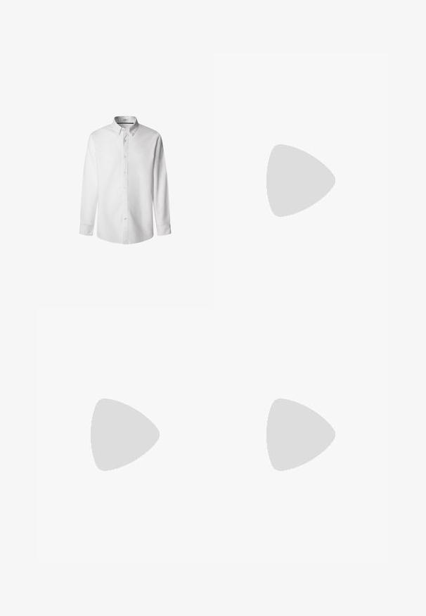 Balta ilga rankovėmis marškiniai su mygtukais, mygtukų apykakle ir rankogaliais, pateikti baltame fone.; Pilki medvilniniai chino tipo kelnes su siauru pjūviu, priešingoje pusėje su mygtuko uždarymu, dviem šoninėmis kišenėmis ir lygiu paviršiumi. Elegantiškas dizainas.; Balti odiniai sportbačiai su įspaustu raštu, tekstūruotas baltas vidpadis ir juodas kulno akcentas. Ypatybės: apvalus pirštas ir plokščios batraiščiai.; Balta perlų kaklo grandinėlė, su vienodai apvalia forma, lygiu paviršiumi ir metaline sagtimi su ilginimo grandinėle, leidžiančia reguliuoti ilgį.