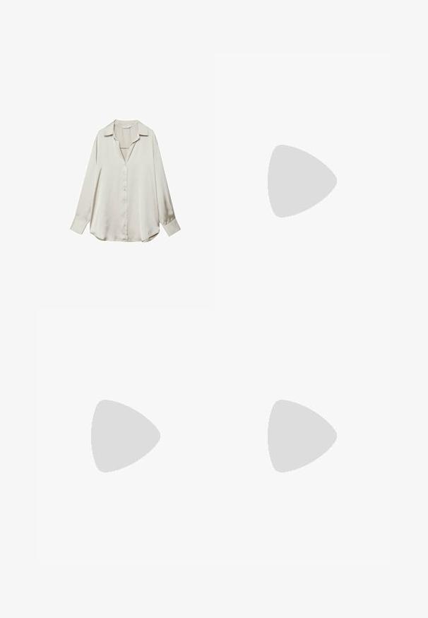 Ljusbeige satin långärmad skjorta med krage, knappstängning fram och avslappnad passform. Slät textur, något rundad nederkant.; Marinblå vida byxor i mjukt tyg med två framfickor, elastisk midja och dragsko; bärs med platta sandaler.; Vit sneaker med nät- och lädermaterial, rund tå, tjock sula, framträdande snören och branding på hälen och tungan.; Liten gräddfärgad handväska med en strukturerad finish, en lång justerbar rem, en kedjedetalj och en klaffstängning. Guldfärgad hårdvara.