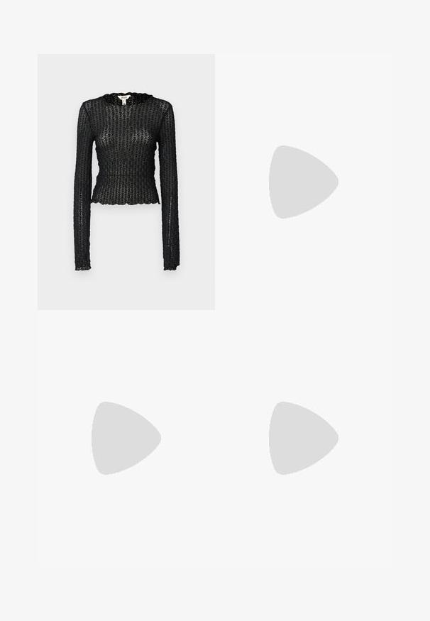 Black long-sleeve top made of textured lace, featuring a scalloped neckline and fitted design with a cropped silhouette.; ONLY ONLRAVEN HERO  - Shorts - black; Brown leather cowboy boots with pointed toe and block heel, featuring detailed stitching and raised accents on the shaft.; Black leather clutch bag with a flap and a gold metal buckle detail. Includes a black strap and a sleek, minimalist design.
