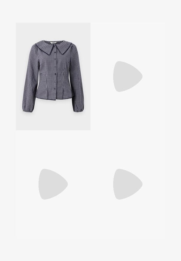 Blouse à carreaux bleu marine et blanc avec un grand col, des manches longues, une fermeture à boutons sur le devant et une taille froncée. Présente un ourlet en festons et des détails.; Pantalons à larges jambes en plaid gris avec une taille haute, présentant des plis sur le devant et une texture lisse. Etiquette visible à l'intérieur de la taille.; Chaussure noire à bout pointu avec un design en panneau en maille, présentant un petit talon et un laçage à l'avant. Fabriquée à partir d'une combinaison de cuir et de matériau en maille.; Sac à main en simili cuir noir avec une texture crocodile, un dessus resserré et une sangle froncée. A l'apparence douce et compacte.