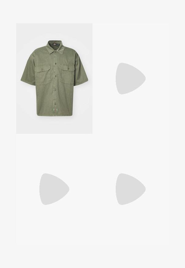 Short-sleeve, olive green shirt made from textured fabric, featuring a collared neck, two front pockets, and a small brand label at the hem.; Light grey cargo shorts with an elastic waistband, drawstring closure, and two large side pockets. Smooth, lightweight fabric.; White athletic shoe with textured mesh upper, reflective accents, and a cushioned sole. Notable brand logo on the side.; Clear rectangular sunglasses with a thick plastic frame, featuring slightly tinted lenses and no additional patterns or accents.