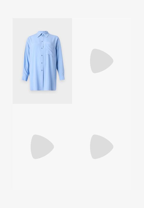 Light blue, long-sleeved button-up shirt with a collar, single chest pocket, and smooth fabric texture; features matching buttons.; MAX&Co. LONG VERY SHORT - Pleated skirt - mittelgrau; Black leather ballet flat with a rounded toe, smooth texture, minimal stitching detail, and a flexible sole design.; Brown leather handbag with a flap closure, gold-tone hardware, a shoulder strap, and a smooth texture. Compact rectangular shape.